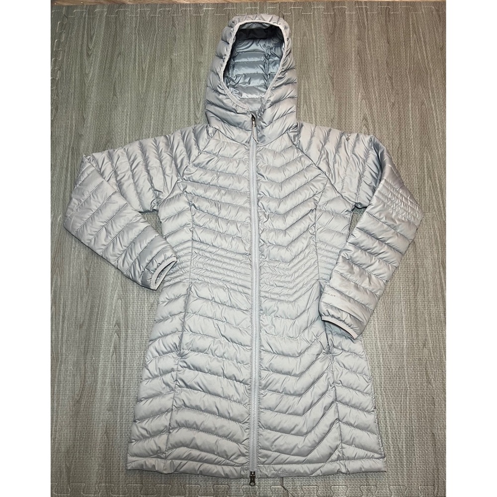 Columbia Women's Light Gray Long Puffer Jacket with Hood